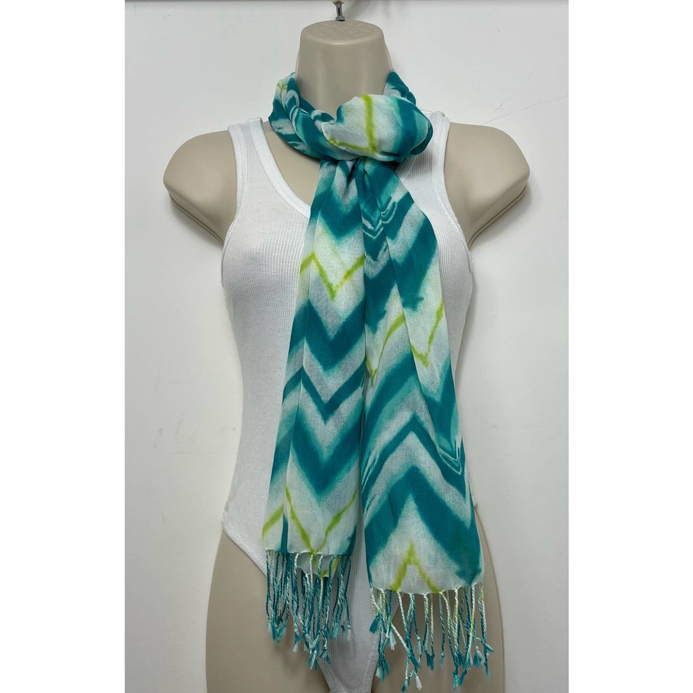 Chicos Tie Dyed Sheer Fringe Trim Scarf in Blue Turquoise / Lime Green One Size